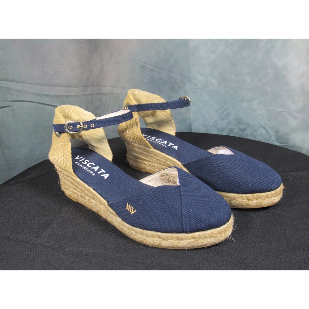 Viscata Barcelona Navy Canvas Espadrille Wedges Made in Spain Size 39